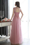 Modest Scoop Neck Tulle Pearl Detailing Lace-up Floor-length Sleeveless Prom Dresses