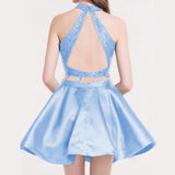 Two Piece Round Neck Short Tiered Satin Blue Open Back Homecoming Dress with Lace