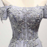 Dusty Blue A-Line Off-the-Shoulder Tulle Lace up Prom Dresses with Appliques Lace