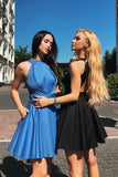 Simple A Line Halter Open Back Satin Blue Short Homecoming Dresses with Pockets