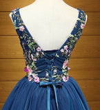 Cute A Line Navy Blue V Neck Short Prom Dresses Flower Lace up Homecoming Dresses