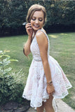 A Line Deep V-Neck Ivory Lace Beads Pink Satin Sleeveless Homecoming Dresses