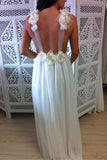 A-Line V-Neck Floor Length Backless Chiffon Tulle Wedding Dress with Handmade Flower