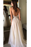 A-Line V-Neck Spaghetti Straps Backless Beads Appliques Organza Sleeveless Prom Dresses