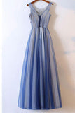 Elegant Long Appliques Blue Tulle Round Neck Long Evening Dress