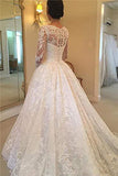 A Line Lace Applique Long Sleeve Sweetheart Covered Button Wedding Dresses