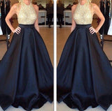 New Arrival Crew Neck Gold Sequins Black Satin Backless Sleeveless Prom Dresses