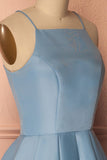 A Line Blue Halter Sleeveless Short Satin Knee Length Homecoming Dress