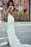 Sheath White Mermaid Round Neck Sweep Train Open Back Lace Wedding Dress with Split