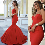 Red Chic Strapless Sleeveless Sweetheart Mermaid Satin Full-length Prom Dresses