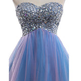 Strapless Cute Tulle Short Sweetheart Beading Blue Rhinestone Homecoming Dresses