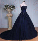 Princess Ball Gown Sweetheart Navy Blue Beads Ruffles Long Tulle Prom Dresses with Lace up