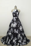 Cute Black and White Floral Satin Halter Vintage Print A-Line High Waisted Prom Dresses