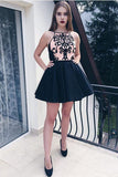 Stylish A-Line Halter Black Satin Short Graduation Dress Homecoming Dress