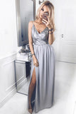 A-Line Spaghetti Straps V Neck Floor-Length Chiffon Grey Prom Dress with Sequins Split