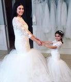 Long Short Sleeves Mermaid Lace Appliques Tulle Flower Girl Dress Wedding Party Dress