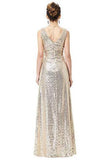 A Line Sequin V Neck V Back Sleeveless Gold Ruffles Maxi Evening Prom Dresses