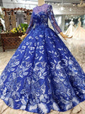 Ball Gown Blue Round Neck Prom Dresses with Beads Lace up Quinceanera Dresses