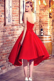 Princess Sweetheart Red Satin with Ruffles Asymmetrical High Low Classic Prom Dresses