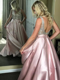 Beaded Satin Ball Gown Backless V Neck Sparkly Long Prom Dresses with Pockets