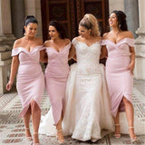 Mermaid Pink Off the Shoulder Sweetheart Prom Dresses Long Bridesmaid Dresses