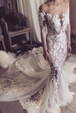 Illusion Neckline Lace Appliques Mermaid Long Sleeves Chapel Train Wedding Dress