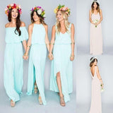 Chiffon Cheap Long Pretty Young Mint Mismatched Side Split Bridesmaid Dresses