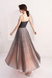 A Line Scoop Spaghetti Straps Black Tulle Prom Dresses Long Evening Dresses