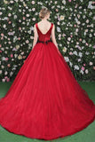 Gorgeous Ball Gowns Red Flowers Scoop Sleeveless Tulle Lace up Beads Prom Dresses