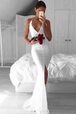 Mermaid Deep V-Neck Criss-Cross Straps Split Sweep Train White Lace Prom Dresses