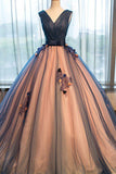 Chic Brown Long Ball Gown V-Neck Tulle Lace up Sleeveless Applique Prom Dresses