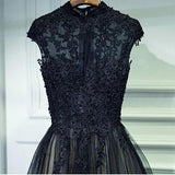 Vintage A Line Chic Long Black Lace Cap Sleeves High Neck Beads Appliques Prom Dresses