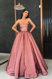 Unique Strapless A Line Long Pink Satin Floor Length With Pockets Prom Dresses