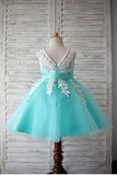 Blue Ball Gown Scoop Sleeveless Bowknot Floor-Length Tulle Appliques Flower Girl Dresses