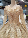 Ball Gown Gold Long Sleeves Lace Appliques Sequins Open Back Beads Quinceanera Dresses