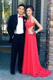 Elegant A Line Chiffon Open Back Halter Slit Red Long Cheap Prom Dresses