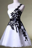 A Line One Shoulder White Homecoming Dress with Black Lace Knee Length Party Dress