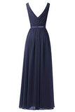 A Line V Neck Chiffon Navy Blue Long Sleeveless Ruffles Floor Length Prom Dresses