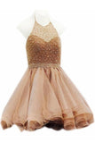 Modest Halter Short Beaded Tulle Cute Mini Homecoming Dresses