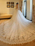 Ball Gown Off-the-Shoulder Cathedral Train 3/4 Sleeves Beading Applique Tulle Wedding Dresses TPP0006251