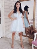 A-Line/Princess V-neck Beading Tulle Sleeveless Short/Mini Homecoming Dresses TPP0004776