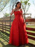 A-Line/Princess Tulle Applique Off-the-Shoulder Sleeveless Floor-Length Dresses TPP0001443