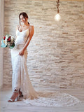 Sheath/Column Lace Applique Spaghetti Straps Sleeveless Court Train Wedding Dresses TPP0005976