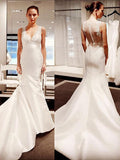 Trumpet/Mermaid V-neck Court Train Satin Sleeveless Wedding Dresses TPP0006707