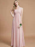 A-Line/Princess V-neck Sleeveless Ruched Floor-Length Chiffon Bridesmaid Dresses TPP0005343