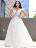 A-Line/Princess Tulle Applique V-neck Sleeveless Floor-Length Wedding Dresses TPP0006313