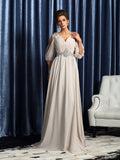 A-Line/Princess V-neck Beading 1/2 Sleeves Long Chiffon Mother of the Bride Dresses TPP0007063