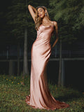 Sheath/Column Charmeuse Ruched Spaghetti Straps Sleeveless Sweep/Brush Train Bridesmaid Dresses TPP0004939