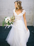 A-Line/Princess V-neck Floor-Length Sleeveless Lace Tulle Wedding Dresses TPP0006104