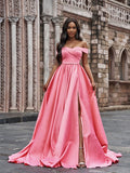 A-Line/Princess Satin Sleeveless Ruffles Off-the-Shoulder Court Train Dresses TPP0001402